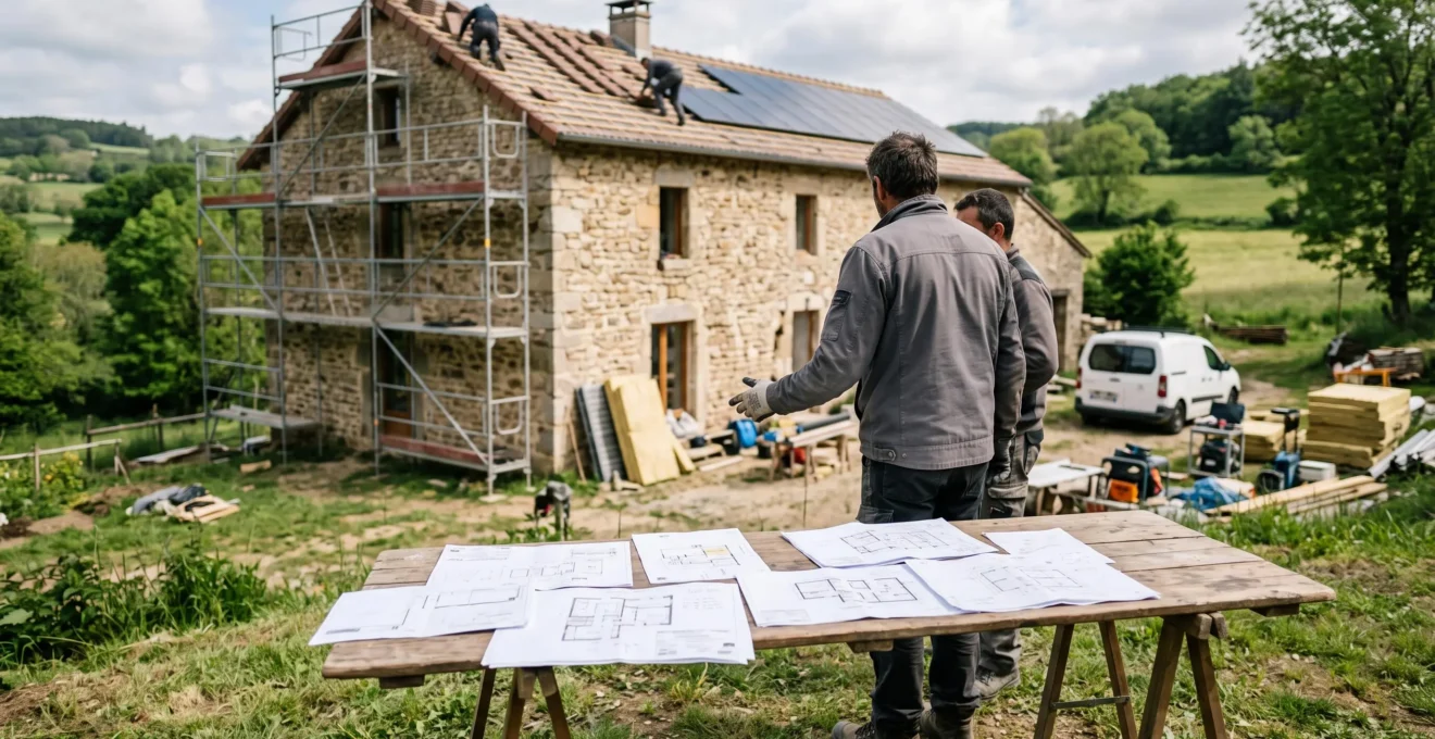 Maison en rénovation énergétique avec devis et documents de financement sur une table